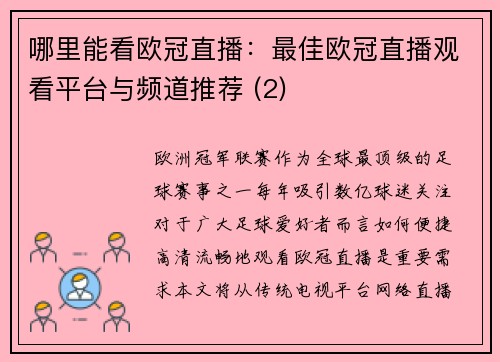 哪里能看欧冠直播：最佳欧冠直播观看平台与频道推荐 (2)